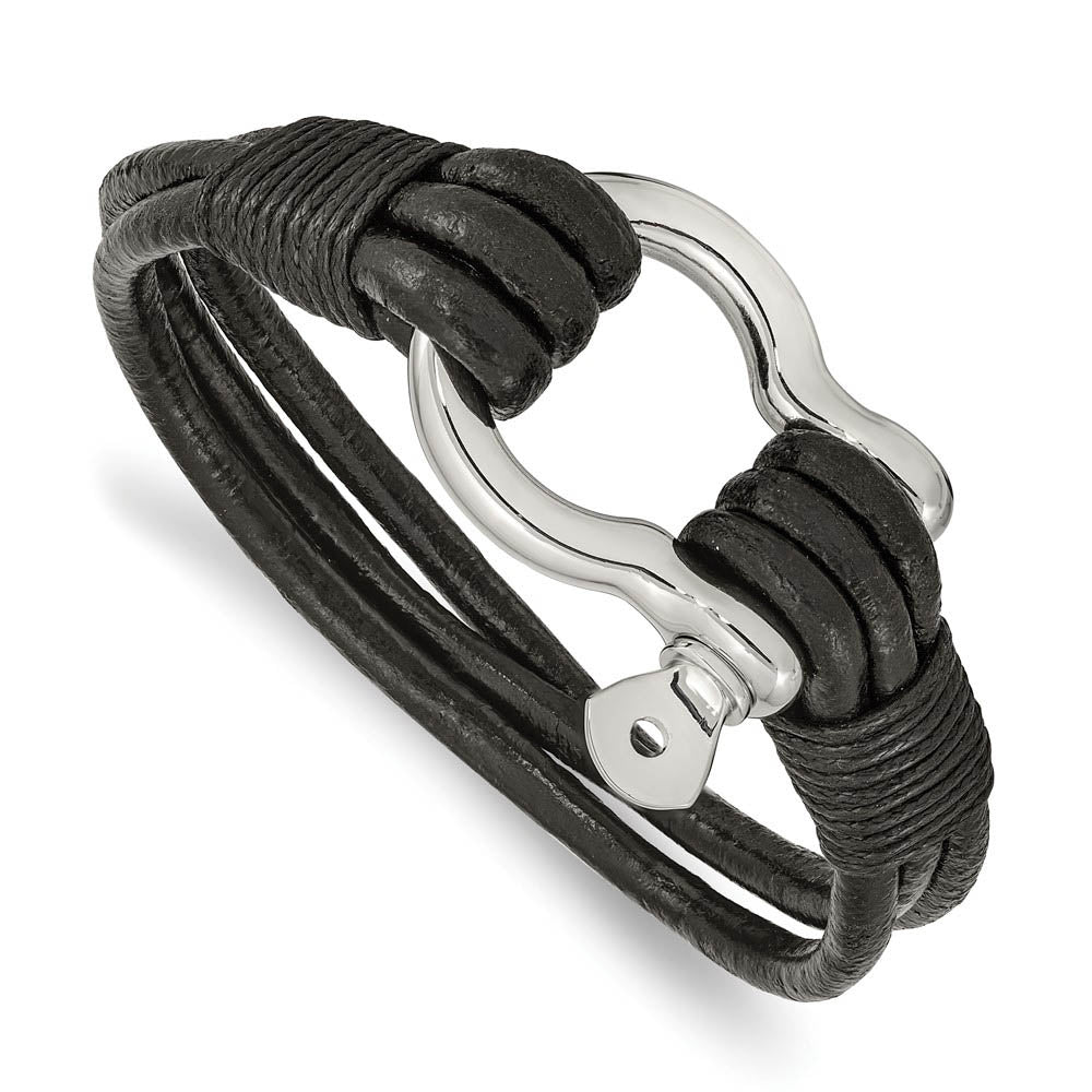 Stainless Steel & Black Leather Shackle Multi Strand Bracelet, 8.5 In, Item B18987 by The Black Bow Jewelry Co.