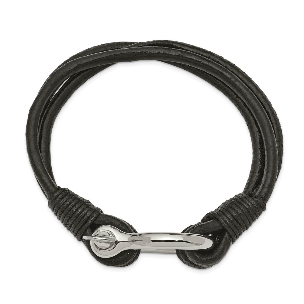 Alternate view of the Stainless Steel & Black Leather Shackle Multi Strand Bracelet, 8.5 In by The Black Bow Jewelry Co.