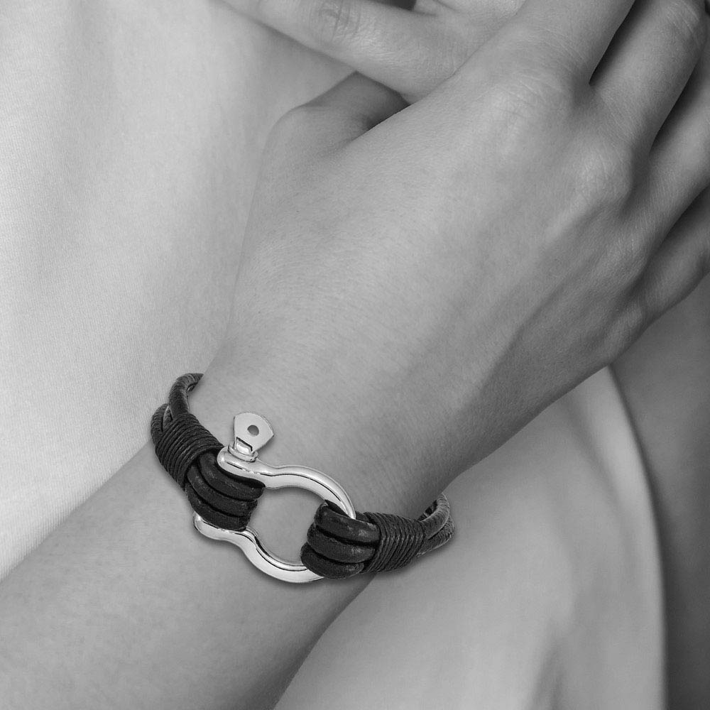 Alternate view of the Stainless Steel & Black Leather Shackle Multi Strand Bracelet, 8.5 In by The Black Bow Jewelry Co.