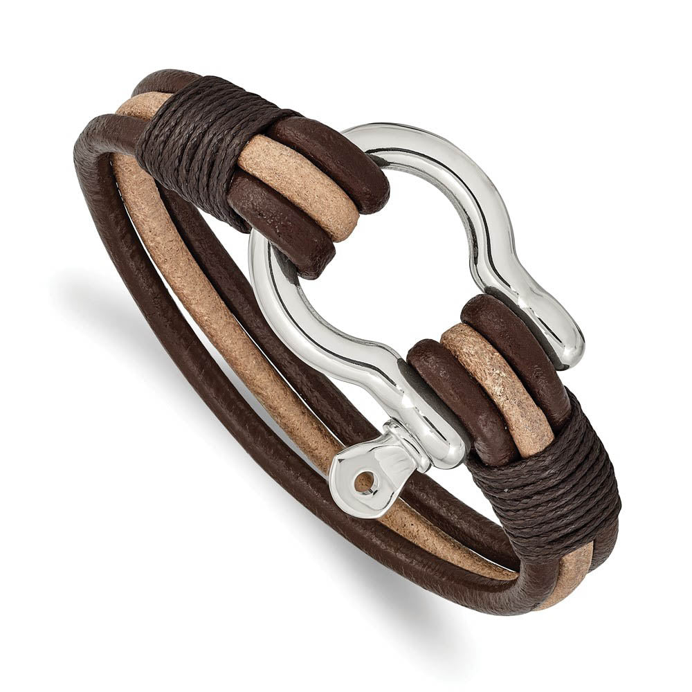 Stainless Steel & Brown Leather Shackle Multi Strand Bracelet, 8.25 In, Item B18988 by The Black Bow Jewelry Co.