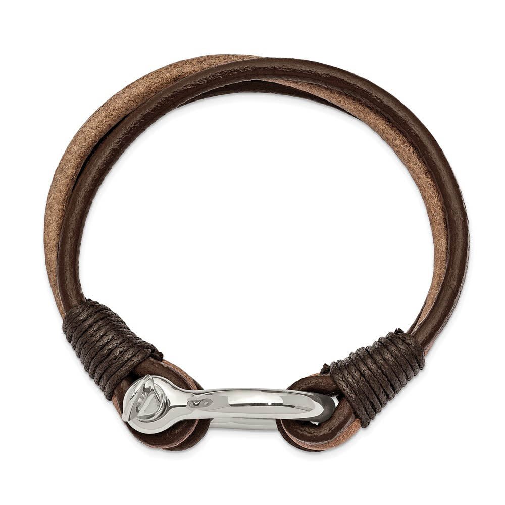 Alternate view of the Stainless Steel & Brown Leather Shackle Multi Strand Bracelet, 8.25 In by The Black Bow Jewelry Co.