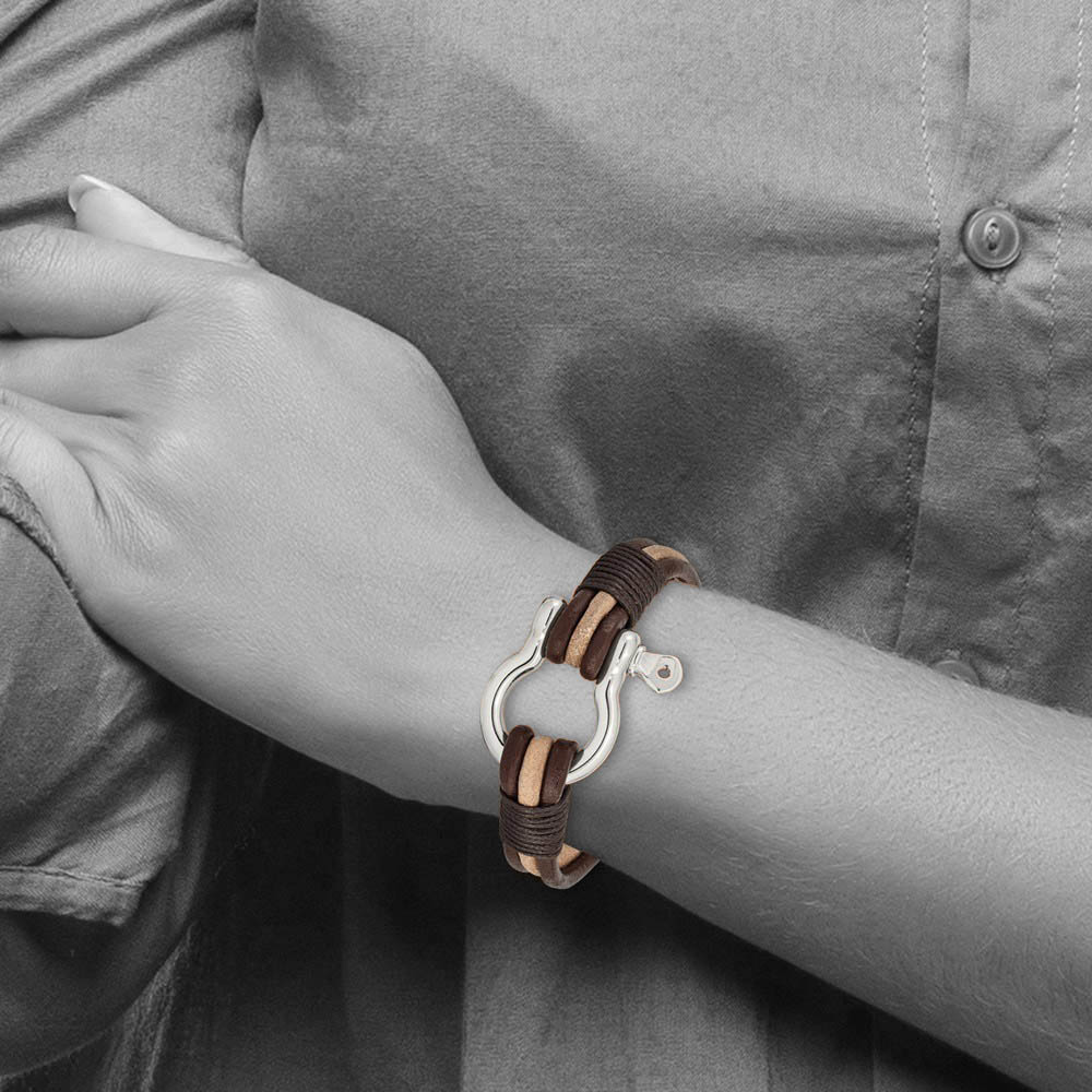 Alternate view of the Stainless Steel & Brown Leather Shackle Multi Strand Bracelet, 8.25 In by The Black Bow Jewelry Co.