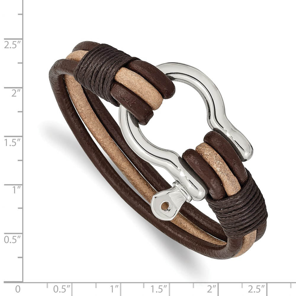 Alternate view of the Stainless Steel & Brown Leather Shackle Multi Strand Bracelet, 8.25 In by The Black Bow Jewelry Co.