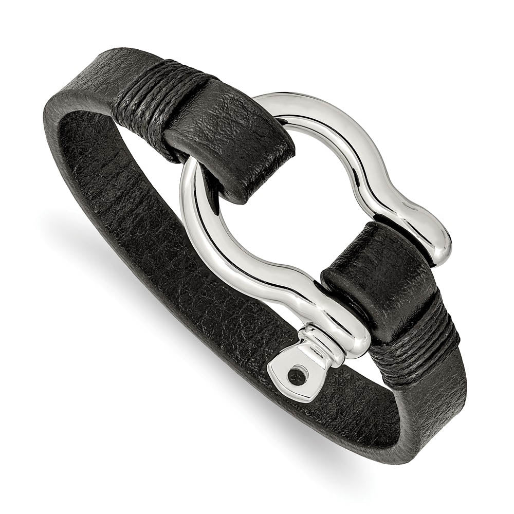 Stainless Steel & Black Leather Shackle Bracelet, 8.25 Inch, Item B18990 by The Black Bow Jewelry Co.