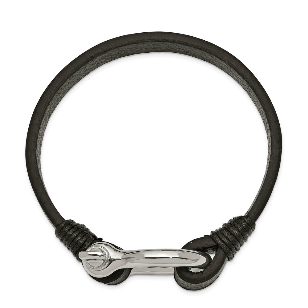 Alternate view of the Stainless Steel & Black Leather Shackle Bracelet, 8.25 Inch by The Black Bow Jewelry Co.