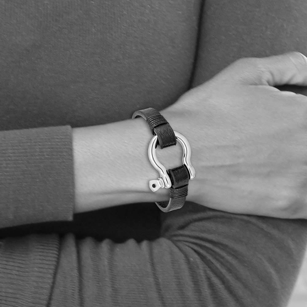 Alternate view of the Stainless Steel & Black Leather Shackle Bracelet, 8.25 Inch by The Black Bow Jewelry Co.