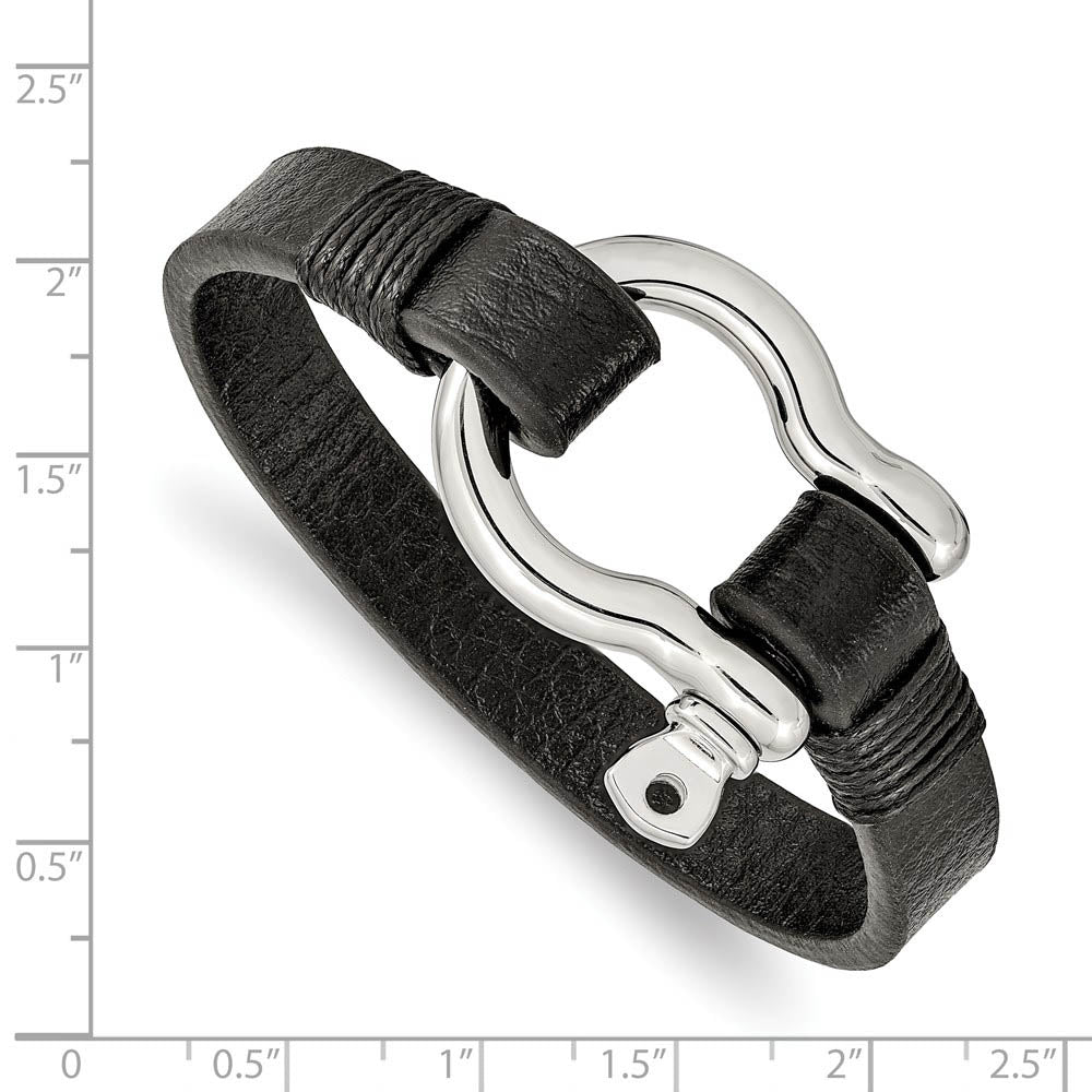 Alternate view of the Stainless Steel & Black Leather Shackle Bracelet, 8.25 Inch by The Black Bow Jewelry Co.