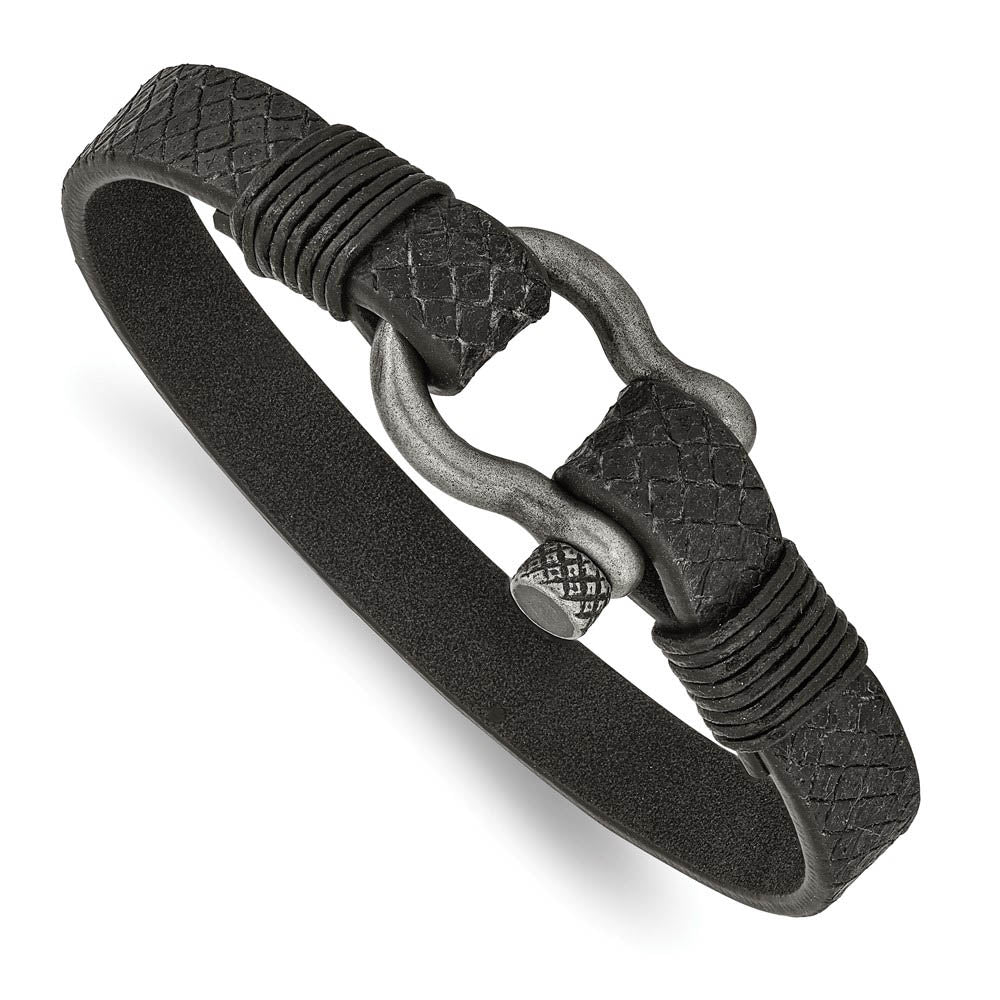 Antiqued Plated Stainless Steel Black Leather Shackle Bracelet, 8 Inch, Item B18991 by The Black Bow Jewelry Co.