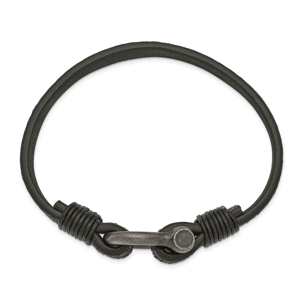 Alternate view of the Antiqued Plated Stainless Steel Black Leather Shackle Bracelet, 8 Inch by The Black Bow Jewelry Co.