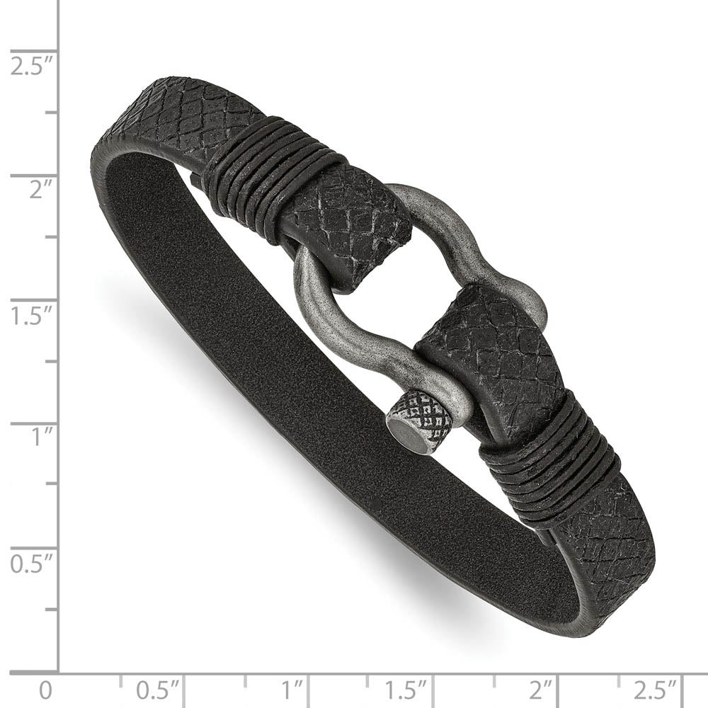 Alternate view of the Antiqued Plated Stainless Steel Black Leather Shackle Bracelet, 8 Inch by The Black Bow Jewelry Co.