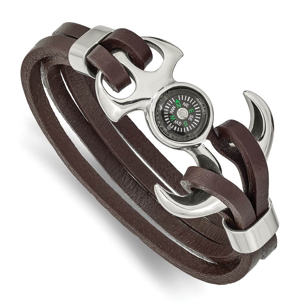 Stainless Steel Brown Leather Functional Compass Bracelet, 8.5 Inch, Item B18992 by The Black Bow Jewelry Co.