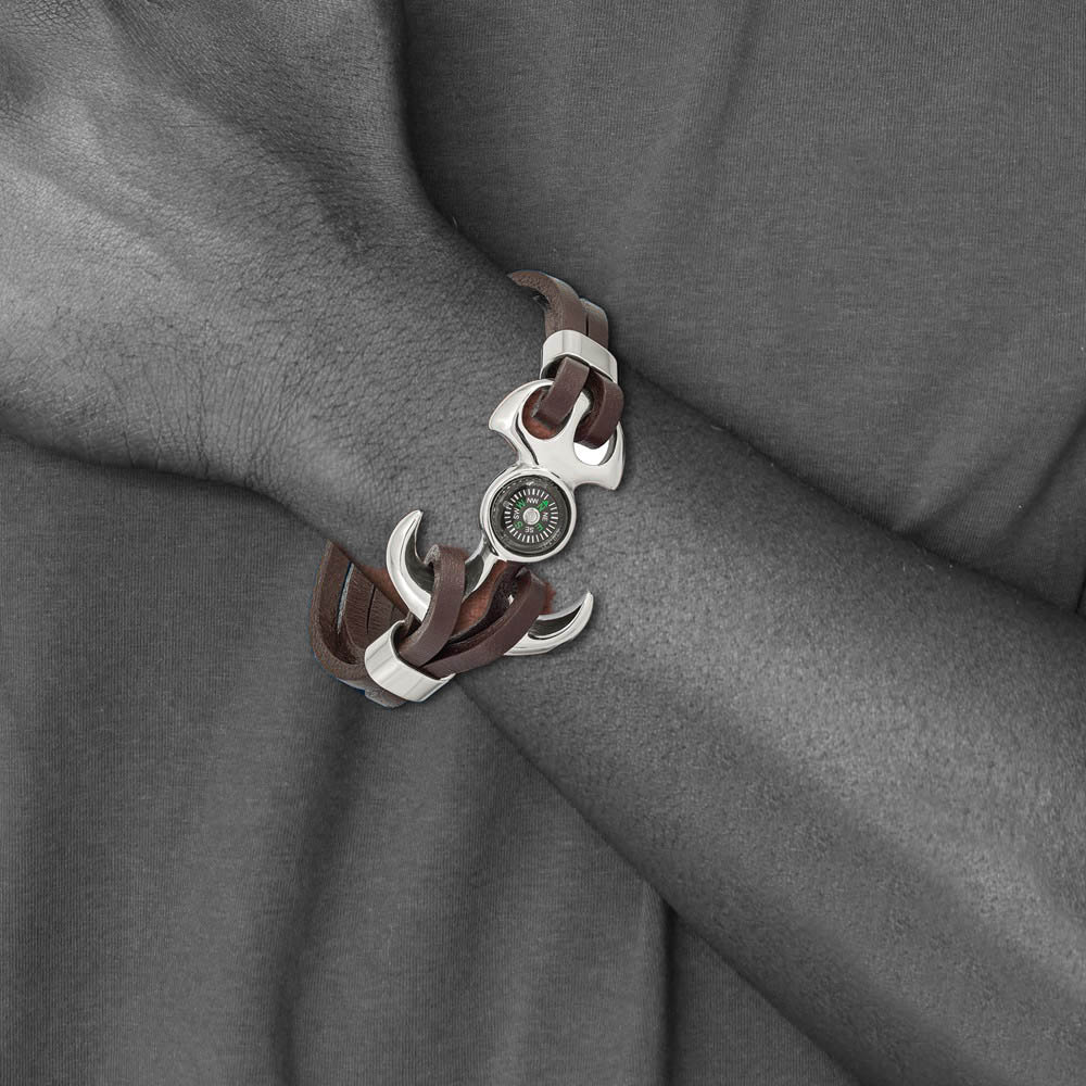 Alternate view of the Stainless Steel Brown Leather Functional Compass Bracelet, 8.5 Inch by The Black Bow Jewelry Co.