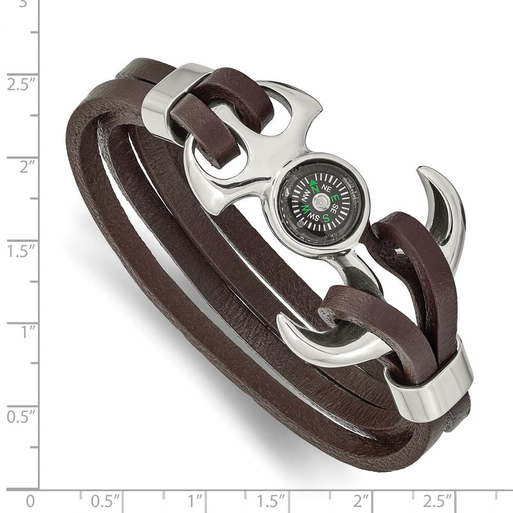 Alternate view of the Stainless Steel Brown Leather Functional Compass Bracelet, 8.5 Inch by The Black Bow Jewelry Co.