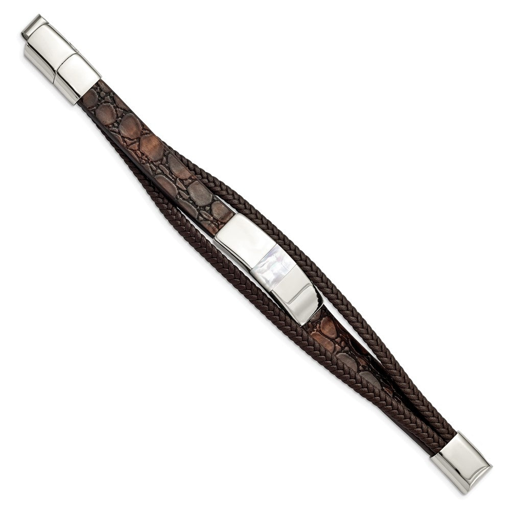 Alternate view of the Stainless Steel Brown Leather Shell Pearl Adj I.D. Bracelet, 7.5-8 In by The Black Bow Jewelry Co.