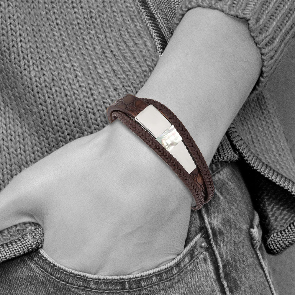 Alternate view of the Stainless Steel Brown Leather Shell Pearl Adj I.D. Bracelet, 7.5-8 In by The Black Bow Jewelry Co.