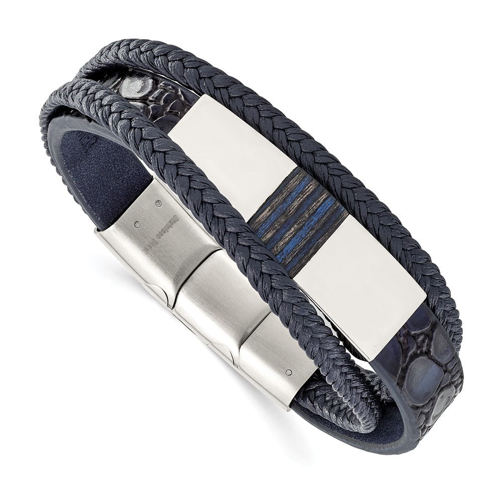 Stainless Steel Blue Leather Blue Wood Adj I.D. Bracelet, 7.5-8 Inch, Item B18994 by The Black Bow Jewelry Co.