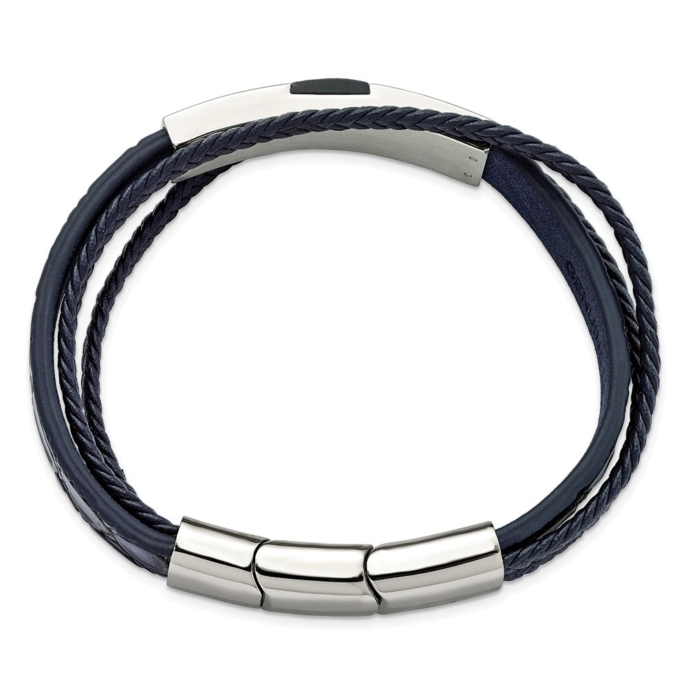 Alternate view of the Stainless Steel Blue Leather Blue Wood Adj I.D. Bracelet, 7.5-8 Inch by The Black Bow Jewelry Co.