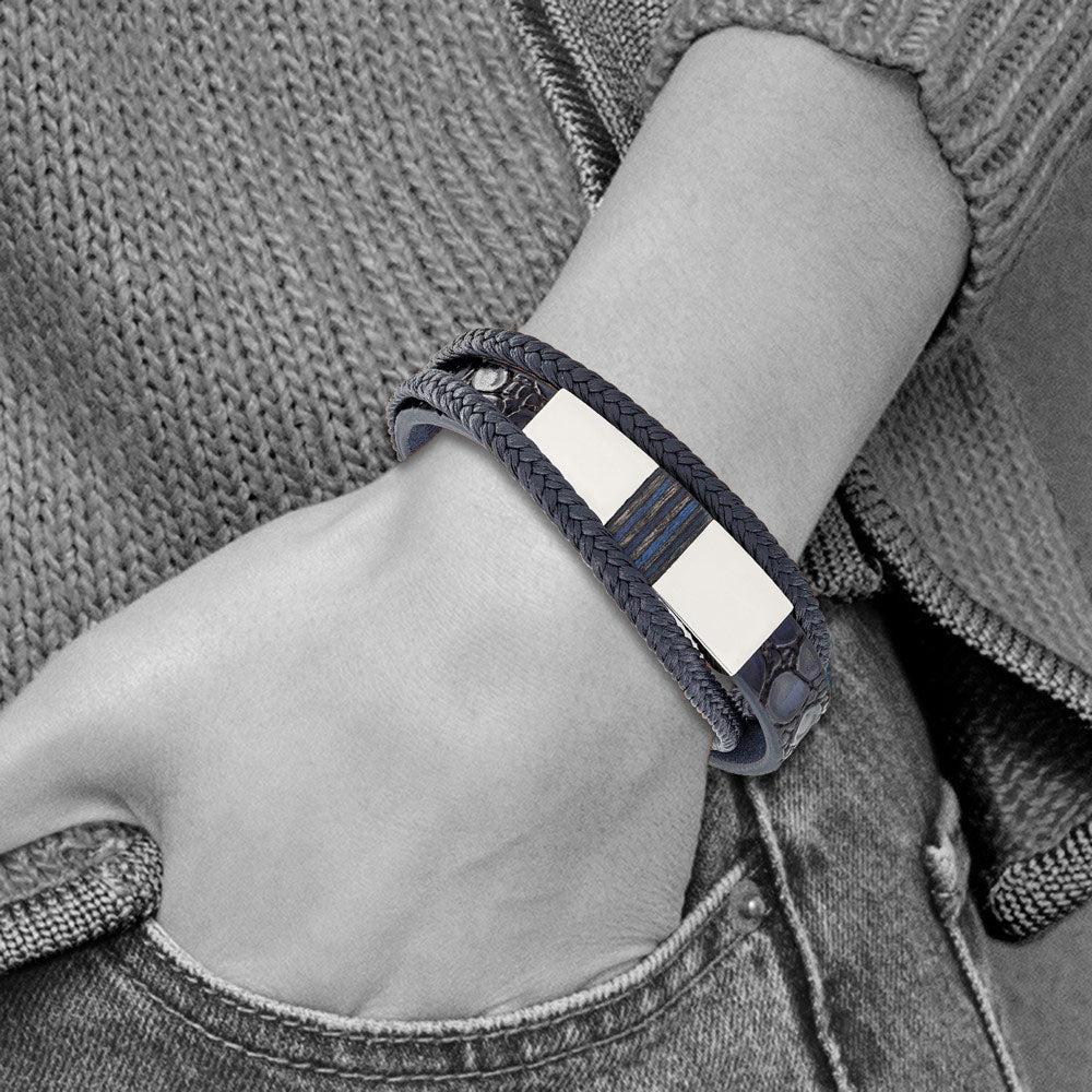 Alternate view of the Stainless Steel Blue Leather Blue Wood Adj I.D. Bracelet, 7.5-8 Inch by The Black Bow Jewelry Co.