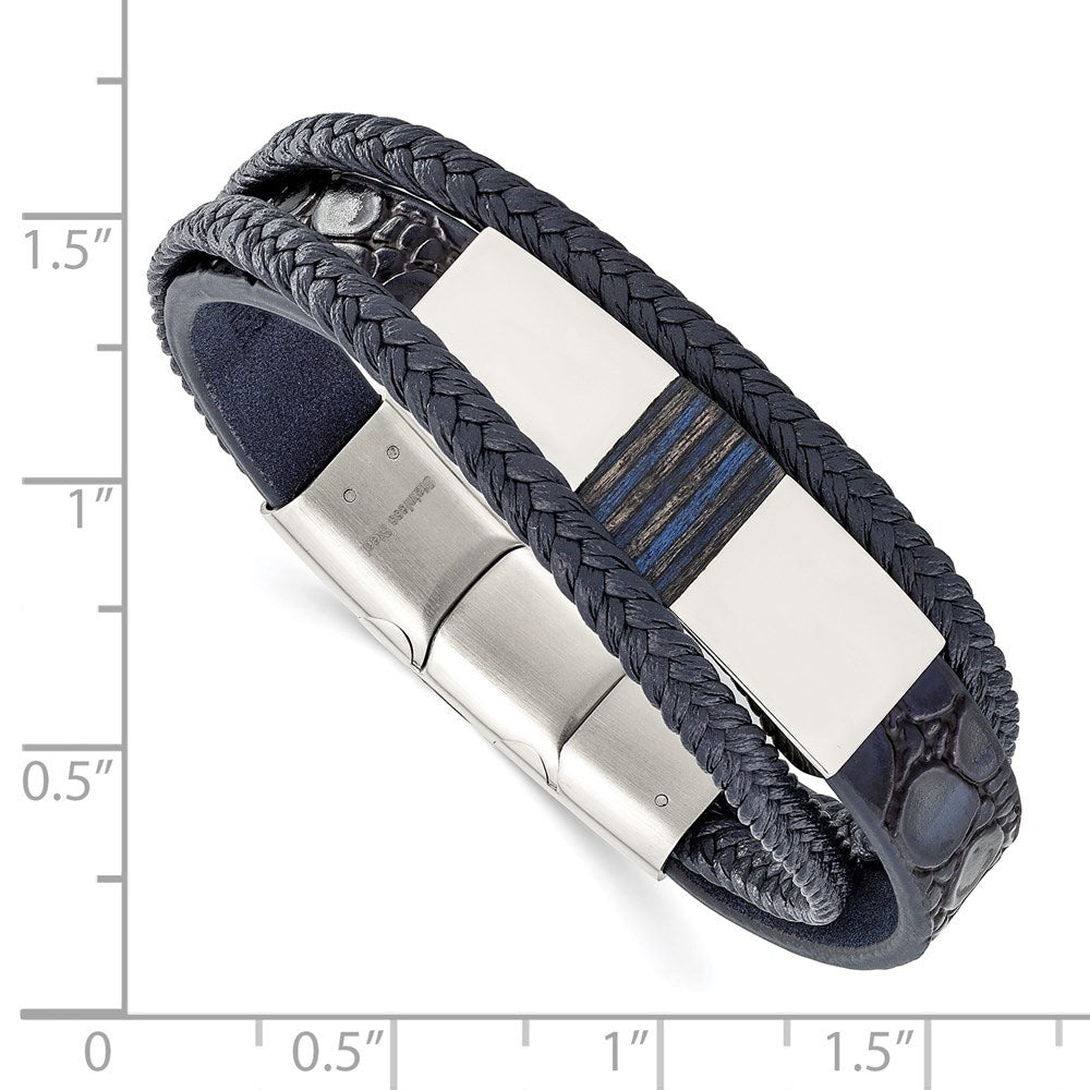 Alternate view of the Stainless Steel Blue Leather Blue Wood Adj I.D. Bracelet, 7.5-8 Inch by The Black Bow Jewelry Co.