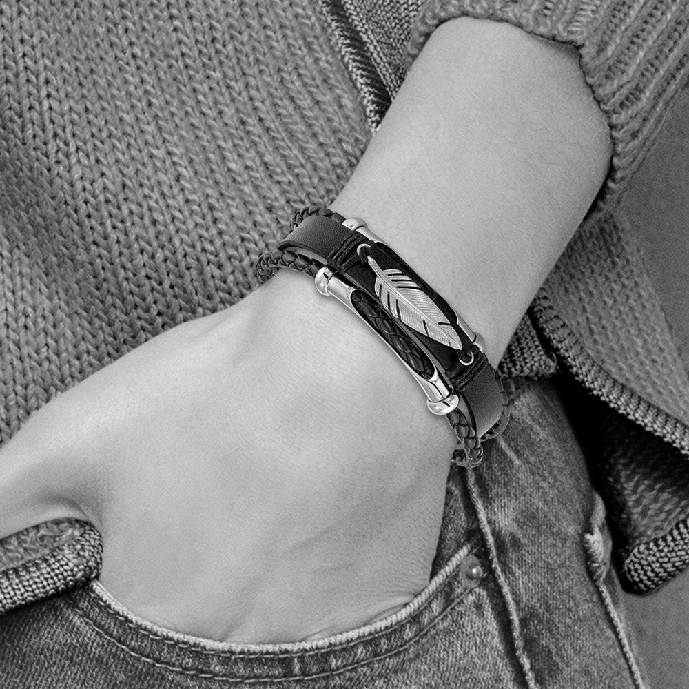 Alternate view of the Stainless Steel Black Leather Multi Strand Feather Bracelet, 8.25 Inch by The Black Bow Jewelry Co.
