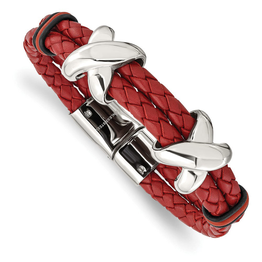 Stainless Steel, Red Leather &amp; Rubber X Bead Strand Bracelet, 8 Inch, Item B18996 by The Black Bow Jewelry Co.