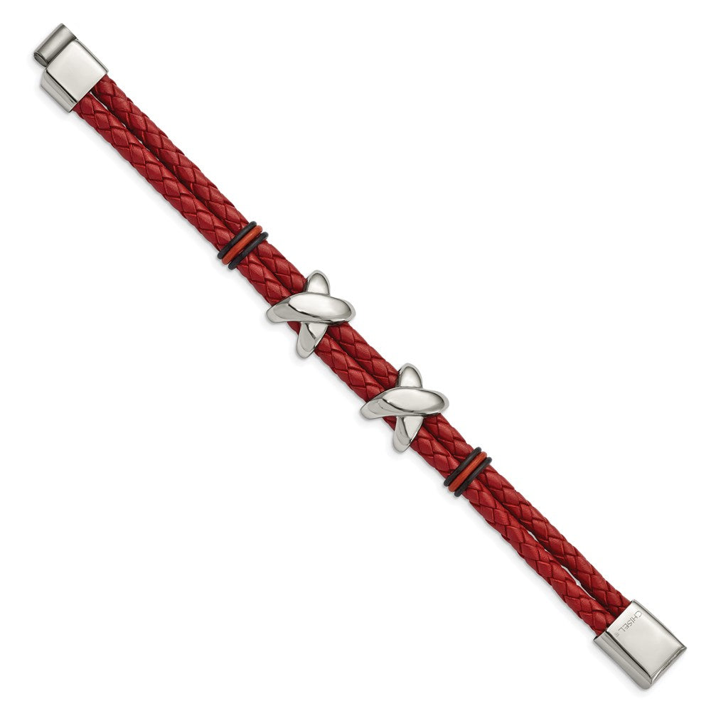 Alternate view of the Stainless Steel, Red Leather &amp; Rubber X Bead Strand Bracelet, 8 Inch by The Black Bow Jewelry Co.