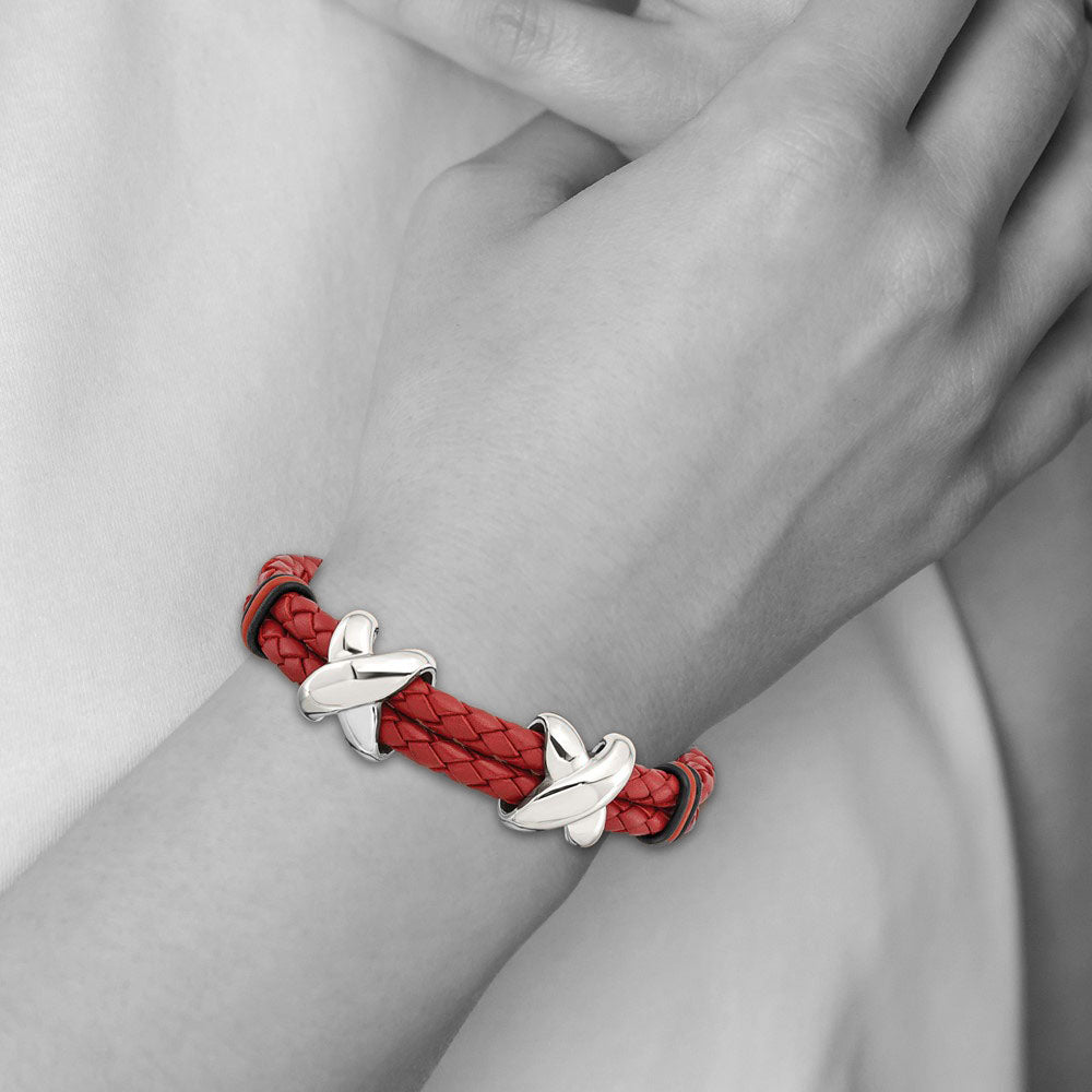 Alternate view of the Stainless Steel, Red Leather &amp; Rubber X Bead Strand Bracelet, 8 Inch by The Black Bow Jewelry Co.