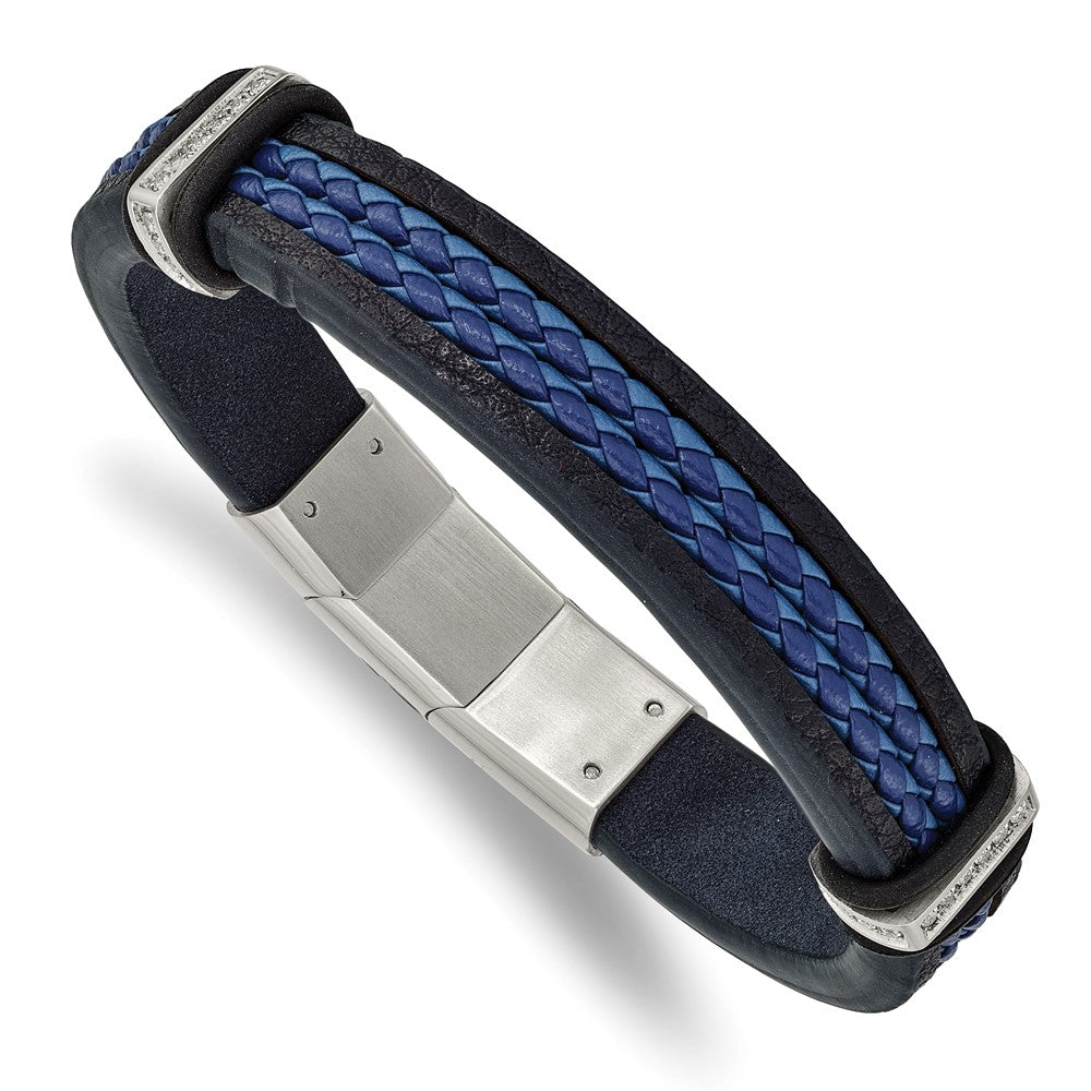 Stainless Steel, Black/Blue Leather &amp; CZ Adjustable Bracelet, 8 Inch, Item B18997 by The Black Bow Jewelry Co.