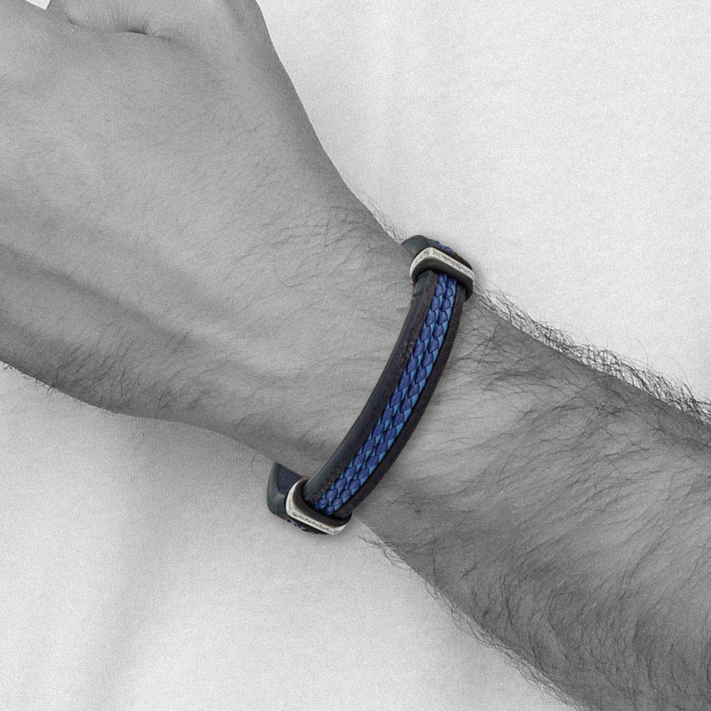 Alternate view of the Stainless Steel, Black/Blue Leather & CZ Adjustable Bracelet, 8 Inch by The Black Bow Jewelry Co.