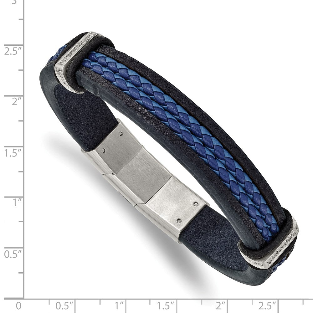 Alternate view of the Stainless Steel, Black/Blue Leather &amp; CZ Adjustable Bracelet, 8 Inch by The Black Bow Jewelry Co.