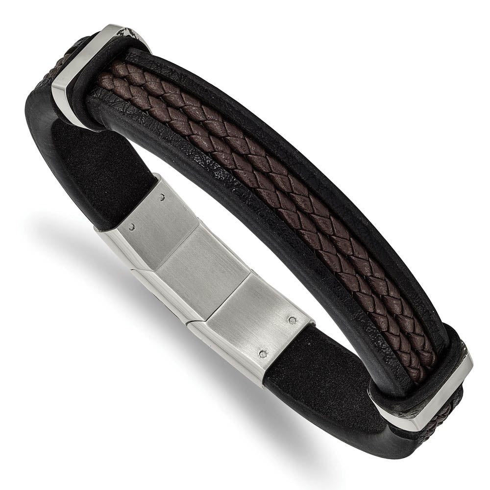 Primal Steel Stainless Steel Brushed Brown Leather 8.25 Inch  7.8mm Stainless Steel Dark Brown Braided Leather Bracelet, 8.25 Inch display picture 1