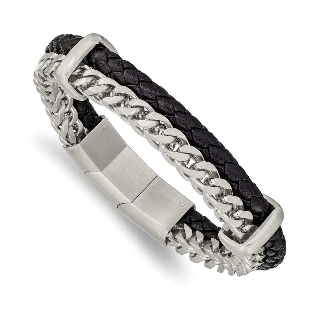 Stainless Steel, Blk Leather Braided, Brushed Chain Bracelet, 7.5-8 In, Item B18999 by The Black Bow Jewelry Co.