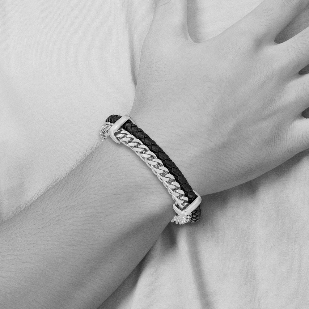 Alternate view of the Stainless Steel, Blk Leather Braided, Brushed Chain Bracelet, 7.5-8 In by The Black Bow Jewelry Co.