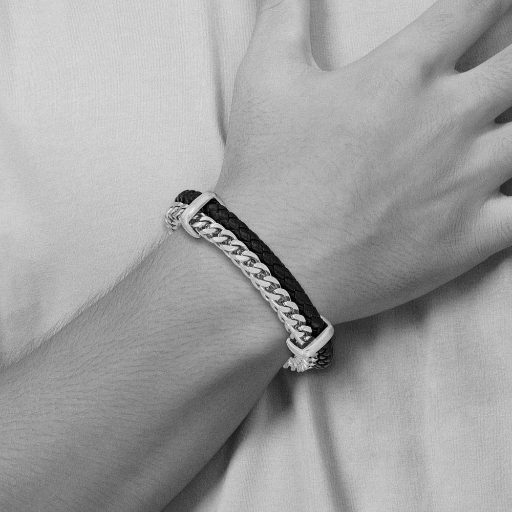 Alternate view of the Stainless Steel, Blk Leather Braided, Brushed Chain Bracelet, 7.5-8 In by The Black Bow Jewelry Co.