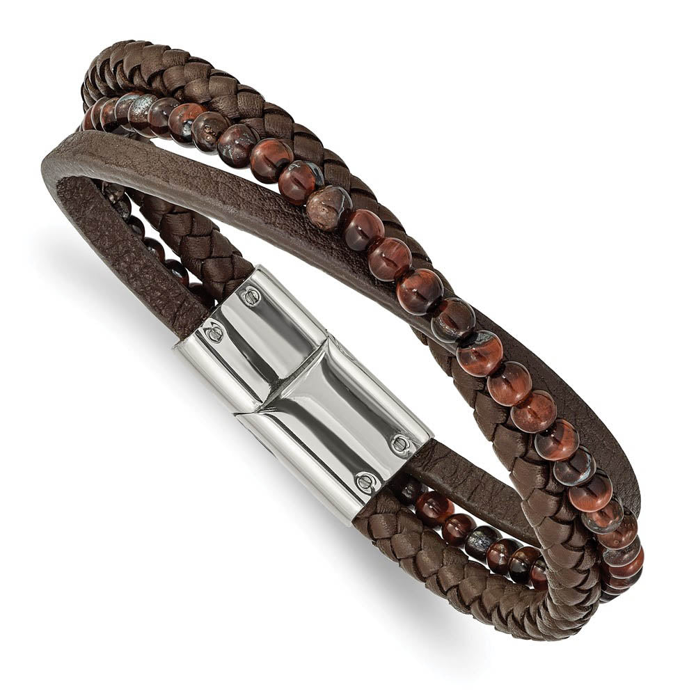Stainless Steel, Brown Tiger's Eye & Brown Leather Bracelet, 8.25 Inch, Item B19001 by The Black Bow Jewelry Co.