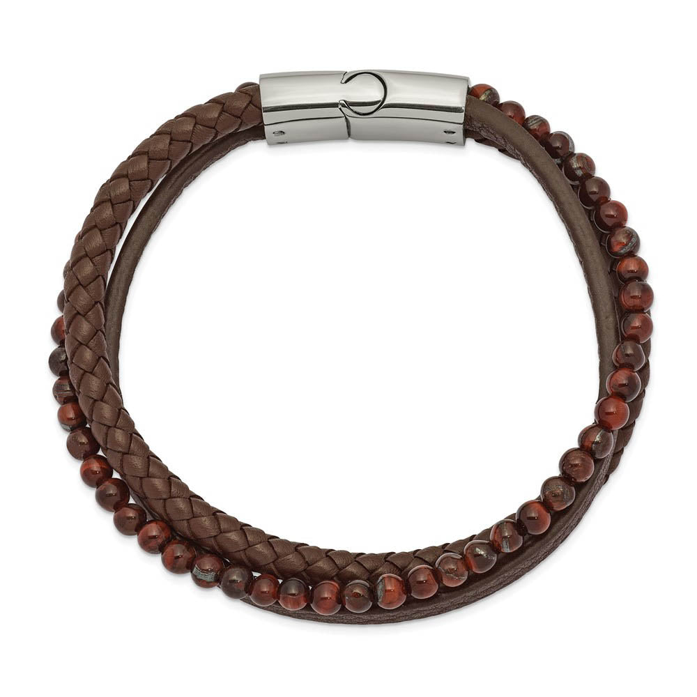 Alternative view of Stainless Steel, Brown Tiger's Eye & Brown Leather Bracelet, 8.25 Inch