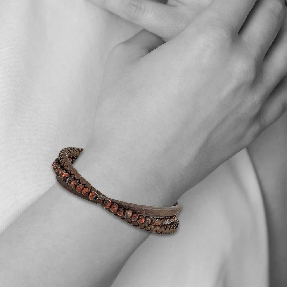Alternate view of the Stainless Steel, Brown Tiger's Eye & Brown Leather Bracelet, 8.25 Inch by The Black Bow Jewelry Co.