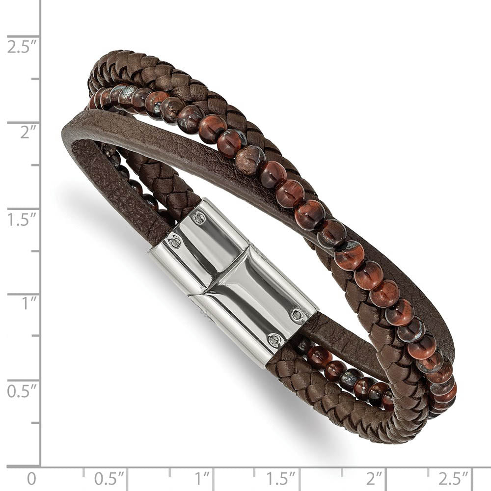 Alternate view of the Stainless Steel, Brown Tiger's Eye & Brown Leather Bracelet, 8.25 Inch by The Black Bow Jewelry Co.