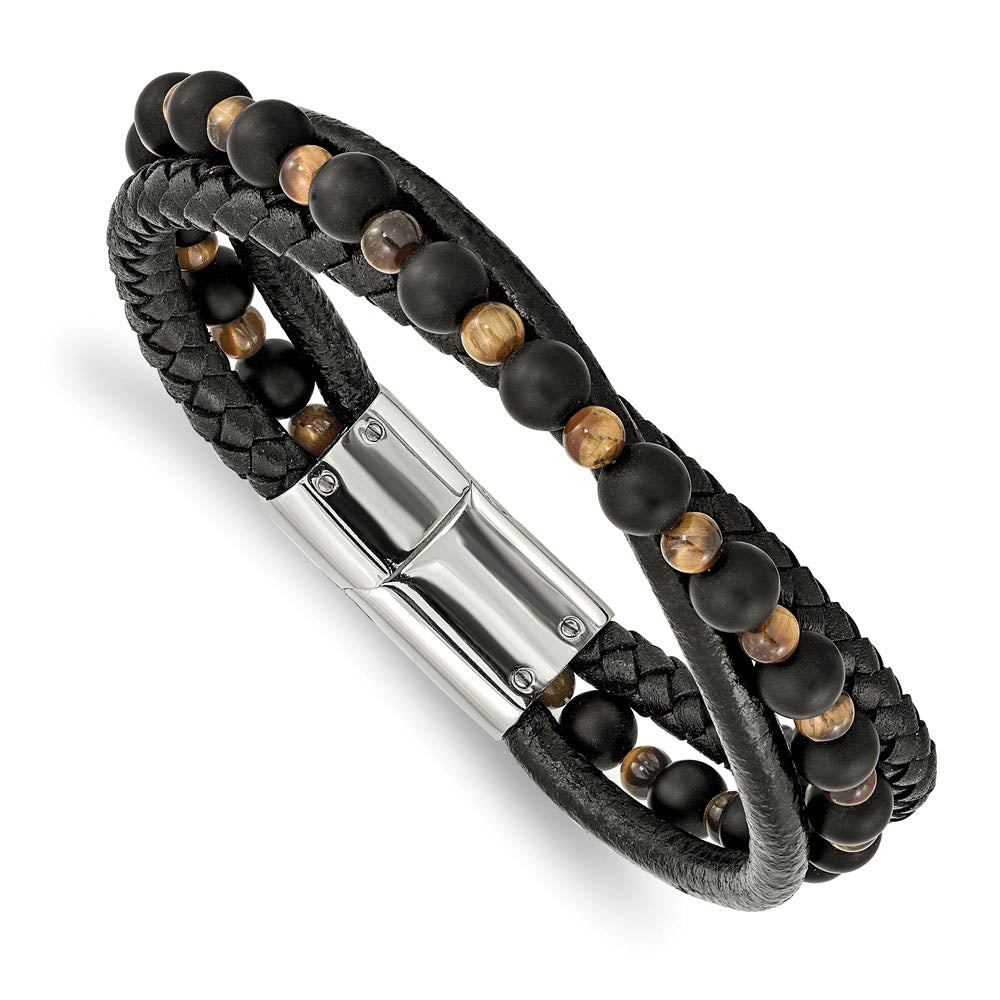 Stainless Steel, Tiger's Eye/Black Agate & Leather Bracelet, 8.25 Inch, Item B19002 by The Black Bow Jewelry Co.
