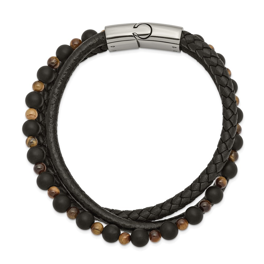 Alternate view of the Stainless Steel, Tiger&#39;s Eye/Black Agate &amp; Leather Bracelet, 8.25 Inch by The Black Bow Jewelry Co.