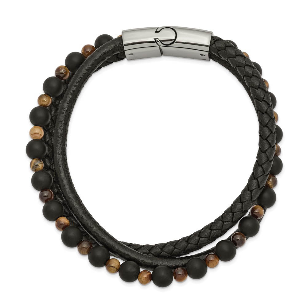 Alternate view of the Stainless Steel, Tiger's Eye/Black Agate & Leather Bracelet, 8.25 Inch by The Black Bow Jewelry Co.