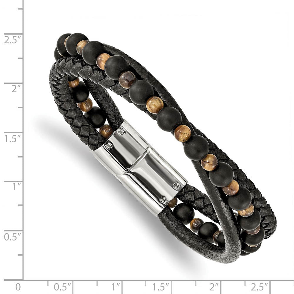 Alternate view of the Stainless Steel, Tiger's Eye/Black Agate & Leather Bracelet, 8.25 Inch by The Black Bow Jewelry Co.