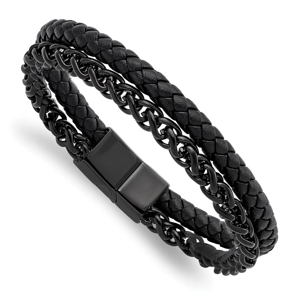 Black Plated Stainless Steel & Black Leather Strand Bracelet, 8.5 Inch, Item B19004 by The Black Bow Jewelry Co.