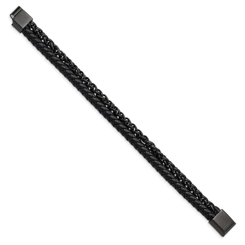 Alternate view of the Black Plated Stainless Steel & Black Leather Strand Bracelet, 8.5 Inch by The Black Bow Jewelry Co.