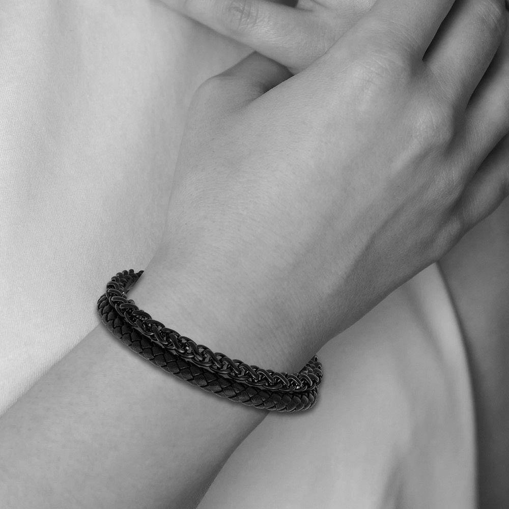 Alternate view of the Black Plated Stainless Steel & Black Leather Strand Bracelet, 8.5 Inch by The Black Bow Jewelry Co.
