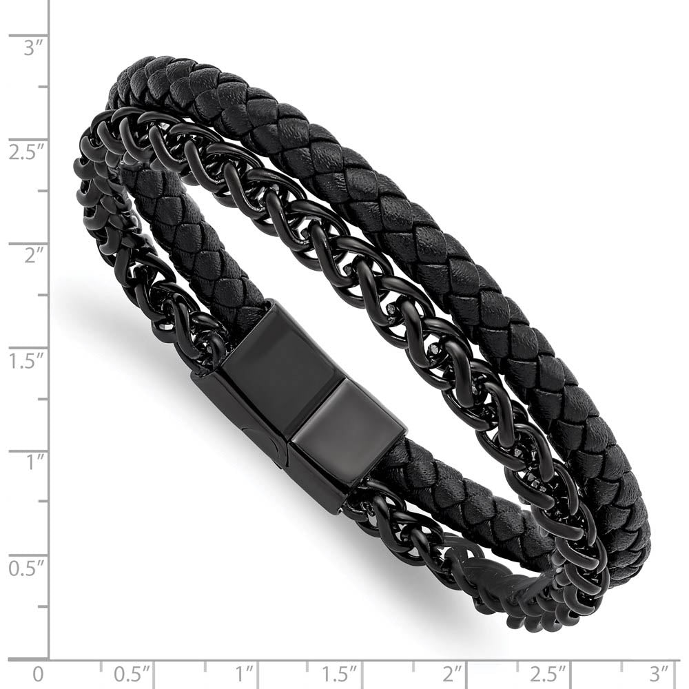 Alternate view of the Black Plated Stainless Steel & Black Leather Strand Bracelet, 8.5 Inch by The Black Bow Jewelry Co.