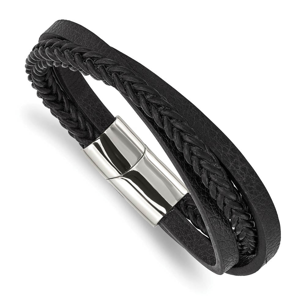 Stainless Steel & Black Leather Multi Strand Bracelet, 8.25 Inch, Item B19005 by The Black Bow Jewelry Co.