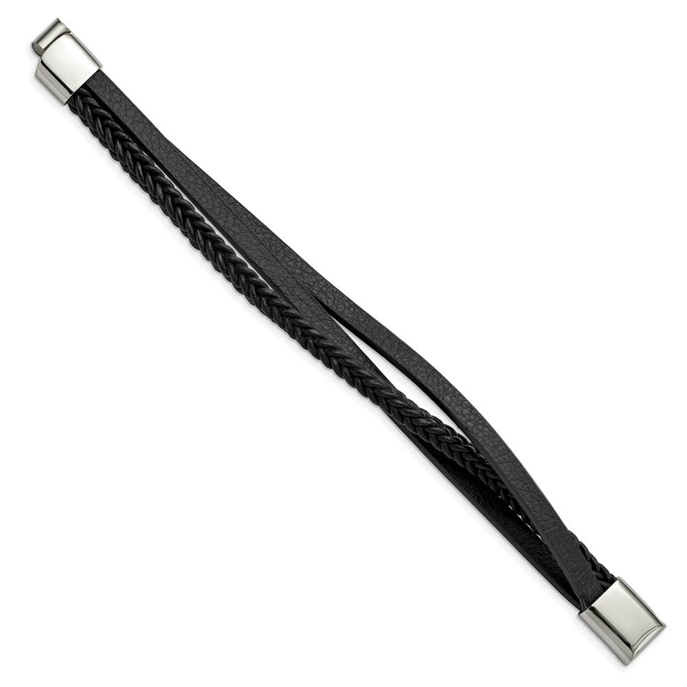 Alternate view of the Stainless Steel & Black Leather Multi Strand Bracelet, 8.25 Inch by The Black Bow Jewelry Co.