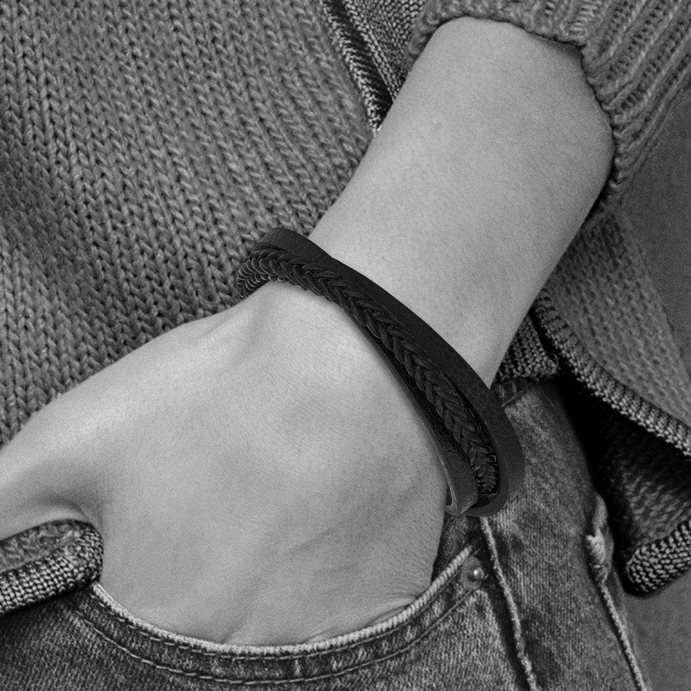 Alternate view of the Stainless Steel & Black Leather Multi Strand Bracelet, 8.25 Inch by The Black Bow Jewelry Co.