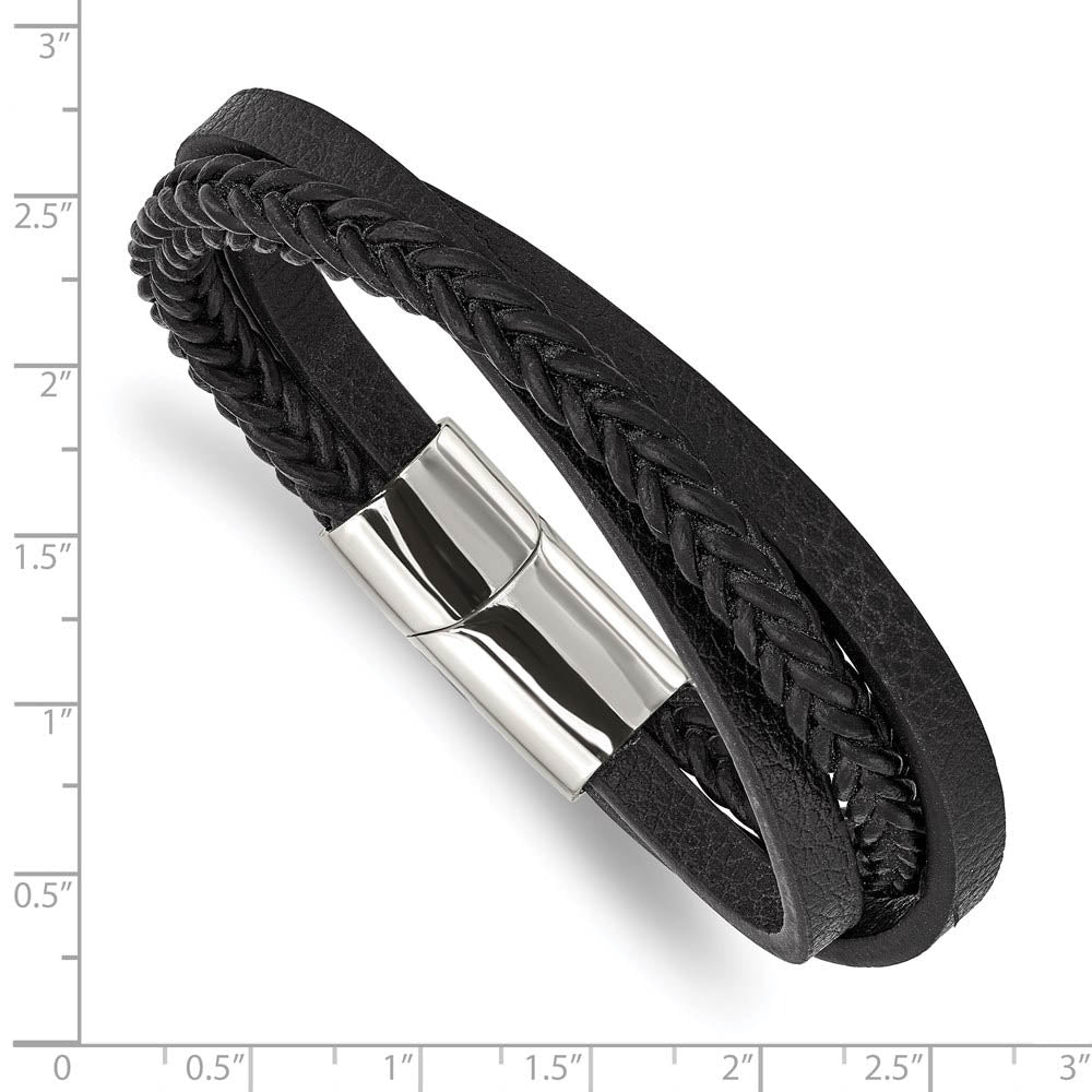 Alternate view of the Stainless Steel & Black Leather Multi Strand Bracelet, 8.25 Inch by The Black Bow Jewelry Co.